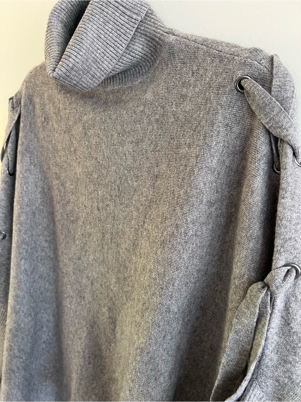 Love Token Gray Turtleneck Fringe Poncho with Side Ties - Picture 8 of 8